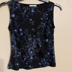 A. Byer Women’s Vintage M Glittery Black w/Blue Floral Print Sleeveless Top